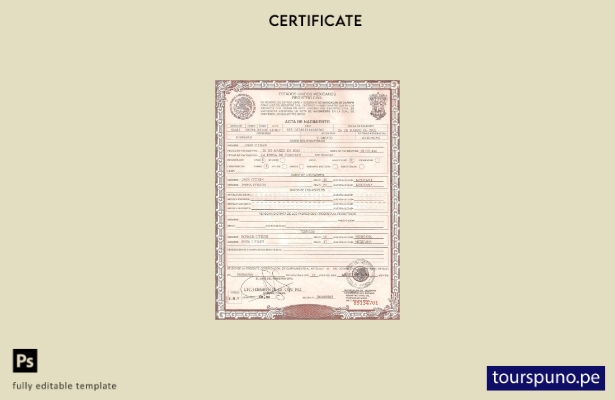 Plantilla de certificado de nacimiento de México lista para imprimir en formato 